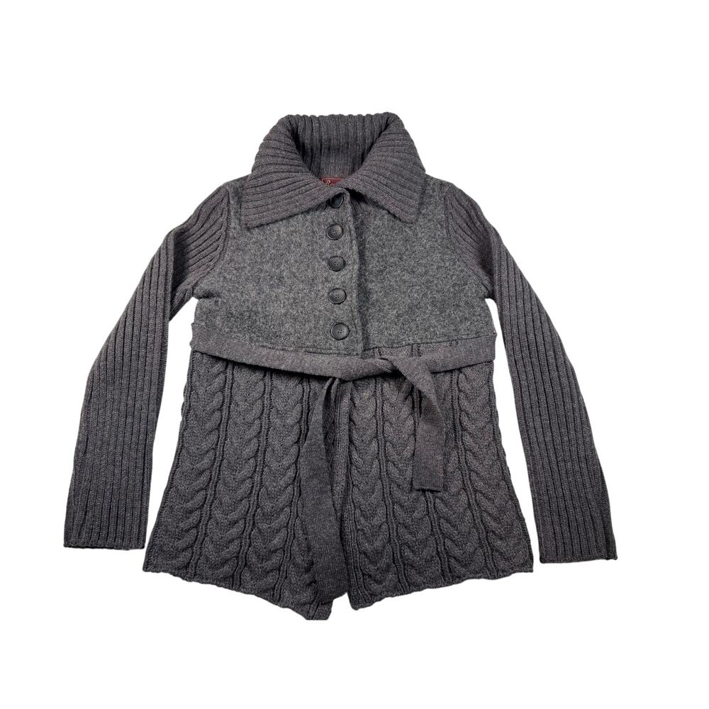 Borrelli Italy Womens M Wool Blend Belted Cable Knit Sweater Coat Gray